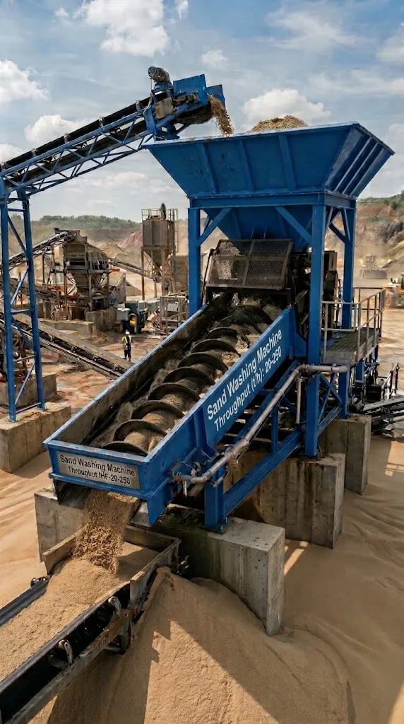 Spiral sand washing machine working at quarry site, cleaning crushed sand and removing mud